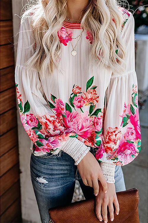 Floral Print Puff Long Sleeve Blouse - Fashionpara