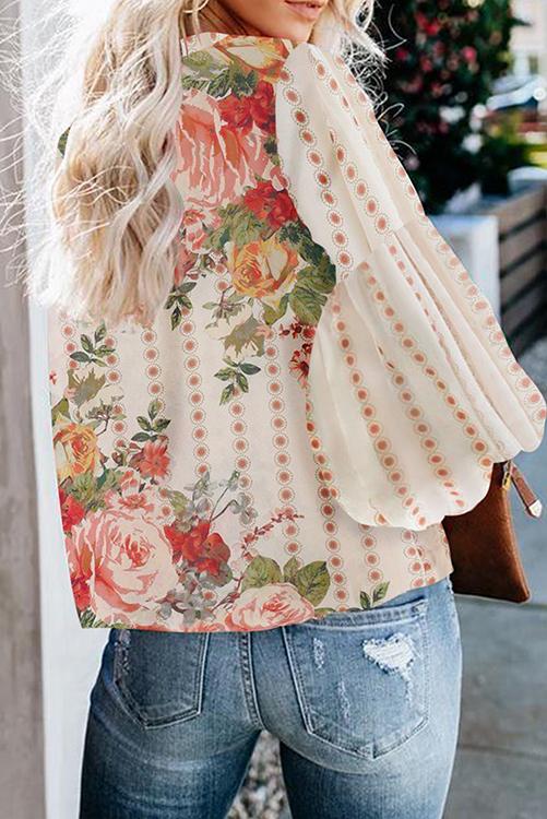 Floral Print Puff Long Sleeve Blouse - Fashionpara