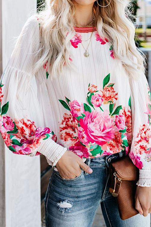 Floral Print Puff Long Sleeve Blouse - Fashionpara
