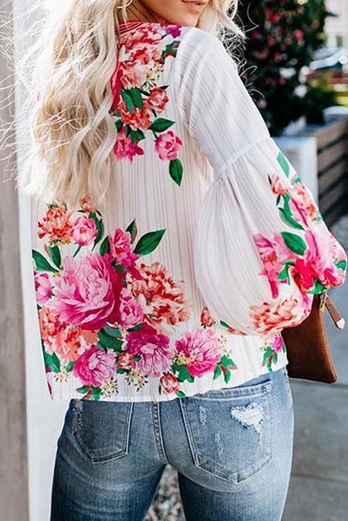 Floral Print Puff Long Sleeve Blouse - Fashionpara