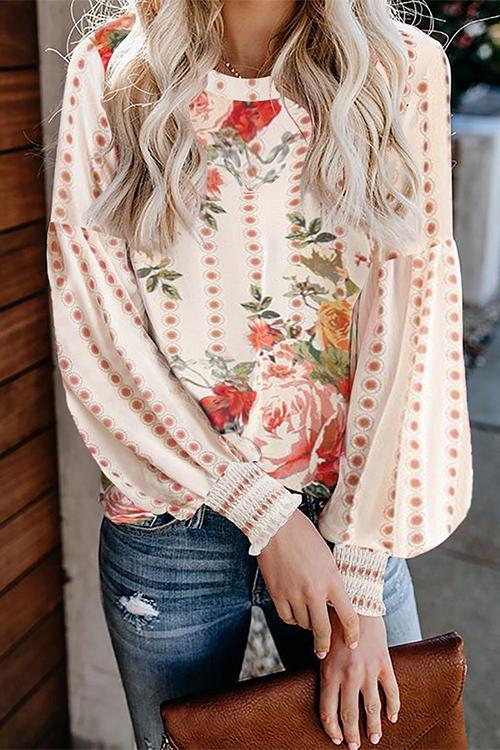 Floral Print Puff Long Sleeve Blouse - Fashionpara