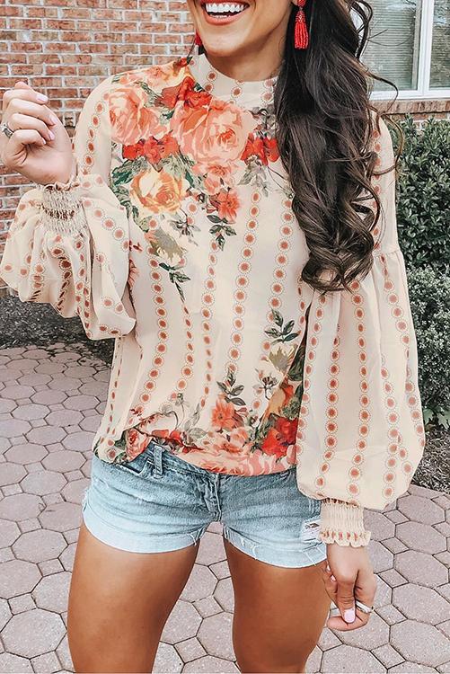Floral Print Puff Long Sleeve Blouse - Fashionpara