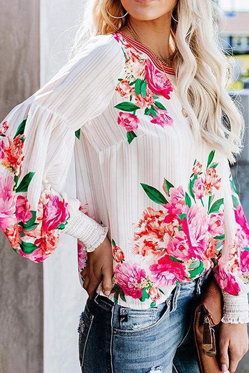Floral Print Puff Long Sleeve Blouse - Fashionpara