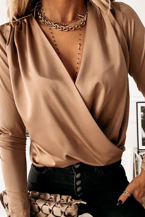 Satin V Neck Long Sleeve Blouse - Fashionpara