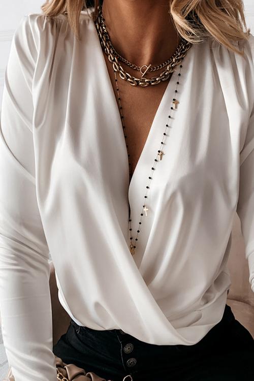 Satin V Neck Long Sleeve Blouse - Fashionpara