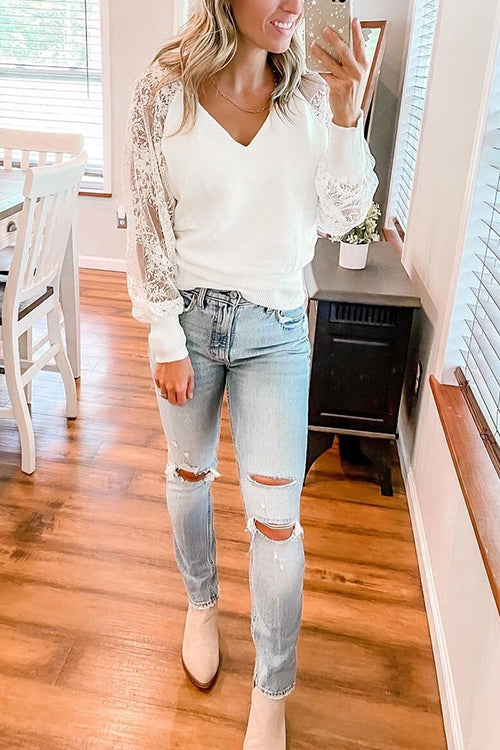 Lace V Neck Backless Blouse - Fashionpara