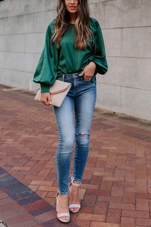 Satin Lantern Sleeve Blouse - Fashionpara