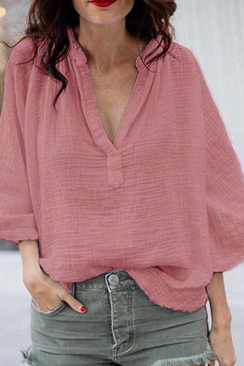 Linen V Neck Loose Blouse - Fashionpara