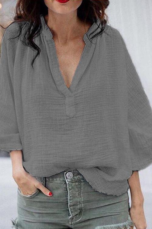 Linen V Neck Loose Blouse - Fashionpara