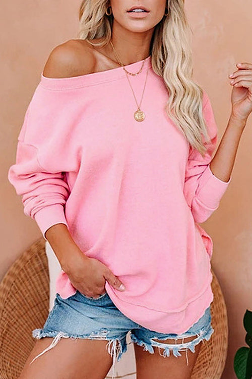 Solid Dew Shoulder Loose T Shirt - Fashionpara