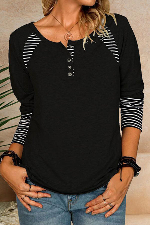 Stripe Patchwork Button Long Sleeve T Shirt - Fashionpara