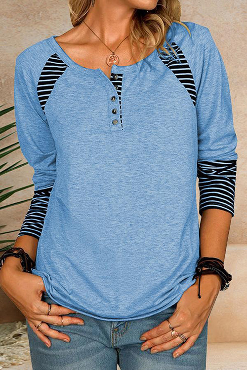Stripe Patchwork Button Long Sleeve T Shirt - Fashionpara