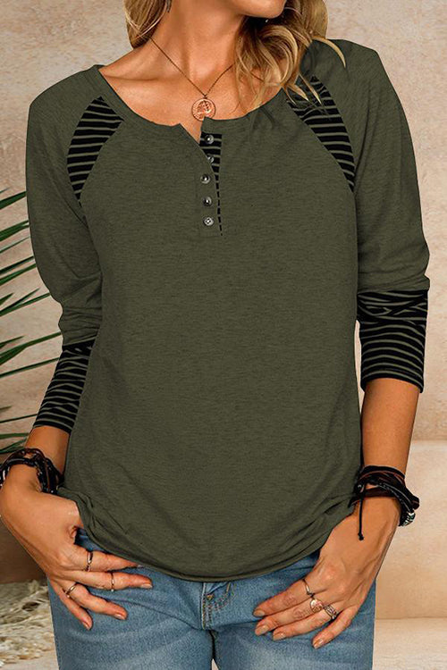 Stripe Patchwork Button Long Sleeve T Shirt - Fashionpara
