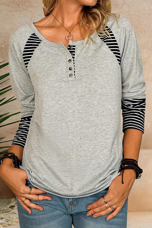 Stripe Patchwork Button Long Sleeve T Shirt - Fashionpara