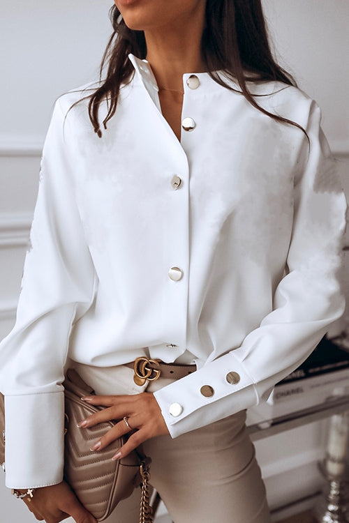 Shirt Collar Long Sleeve Blouse - Fashionpara