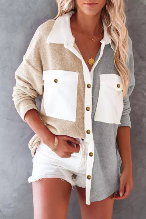 Colorblock Fleece Pockets Button Shirt - Fashionpara
