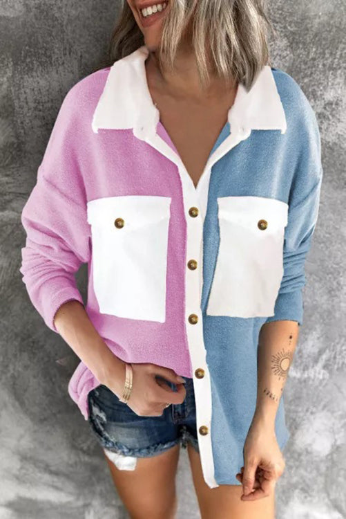 Colorblock Fleece Pockets Button Shirt - Fashionpara