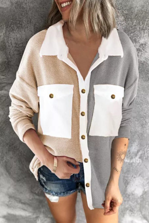 Colorblock Fleece Pockets Button Shirt - Fashionpara