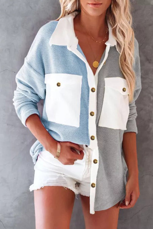 Colorblock Fleece Pockets Button Shirt - Fashionpara