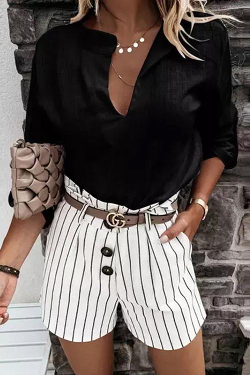 Solid Linen V Neck Loose Blouse - Fashionpara