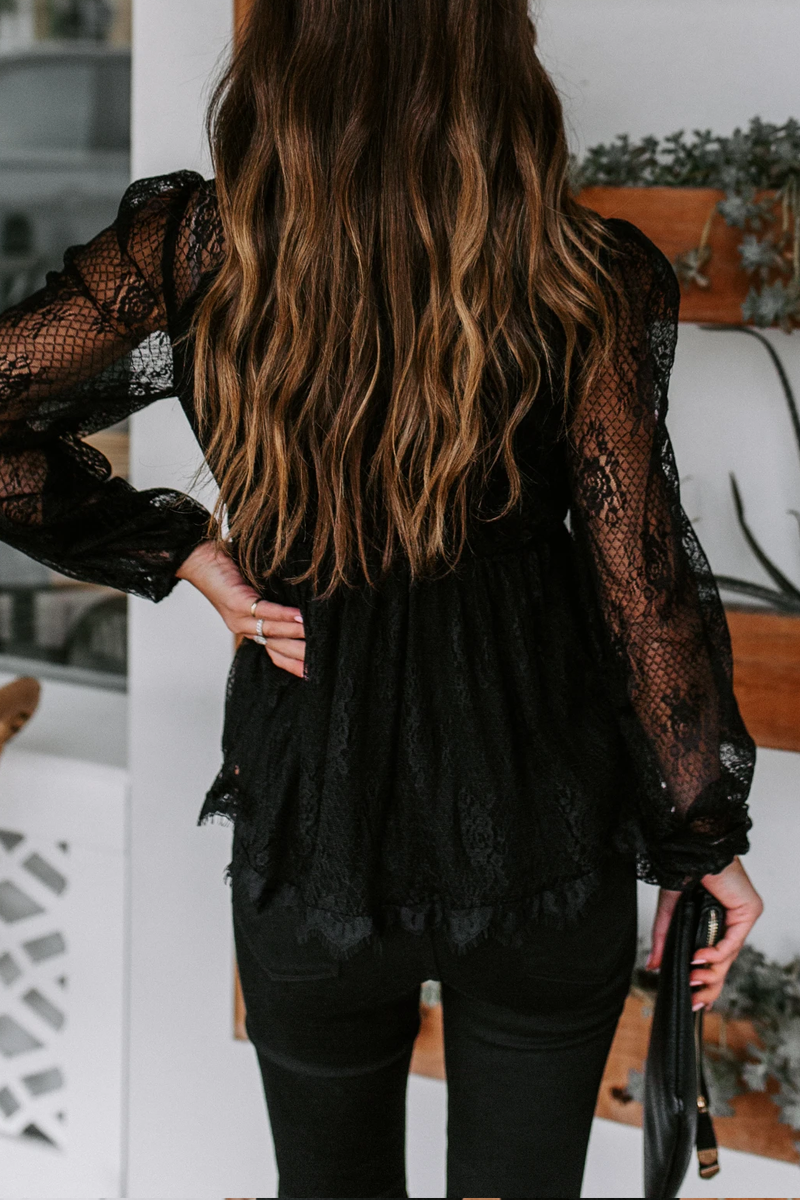Sheer Lace V Neck Bow Tie Blouse - Fashionpara