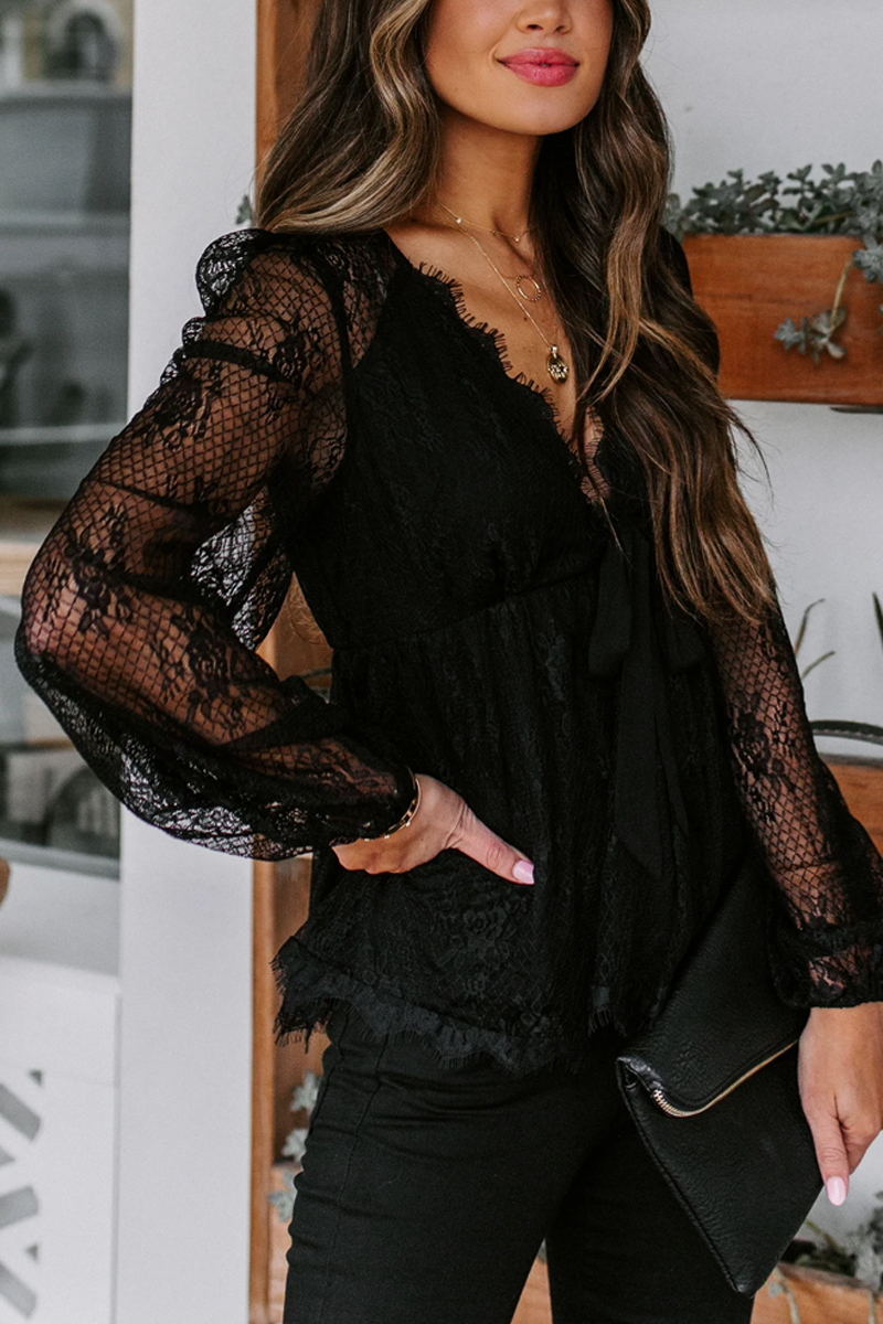 Sheer Lace V Neck Bow Tie Blouse - Fashionpara