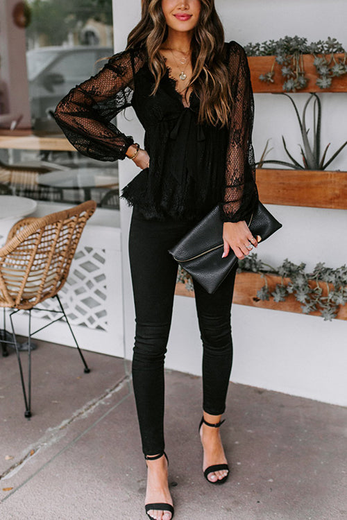 Sheer Lace V Neck Bow Tie Blouse - Fashionpara