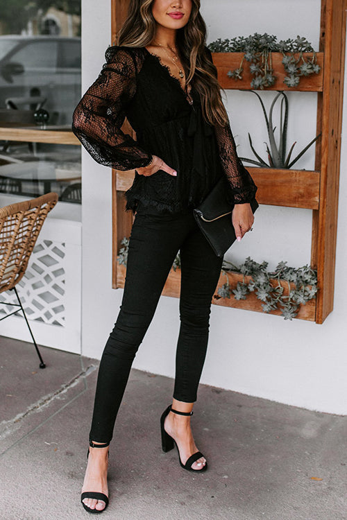 Sheer Lace V Neck Bow Tie Blouse - Fashionpara