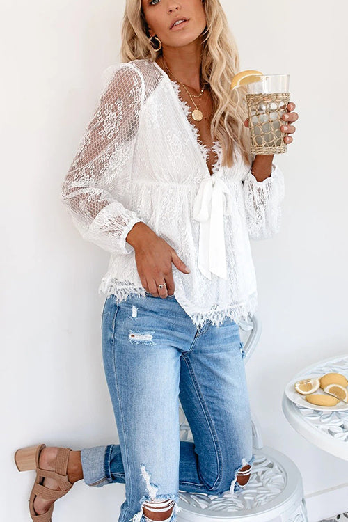 Sheer Lace V Neck Bow Tie Blouse - Fashionpara