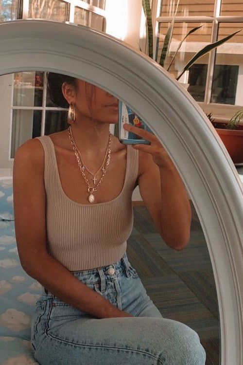 Elastic Knit Square Neck Tank Top - Fashionpara