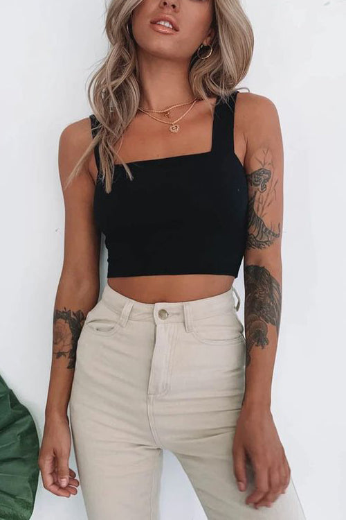 Elastic Knit Square Neck Tank Top - Fashionpara