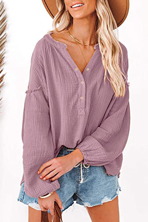 Button Neck Puff Sleeve Loose Blouse - Fashionpara