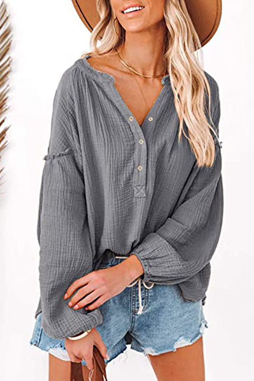 Button Neck Puff Sleeve Loose Blouse - Fashionpara
