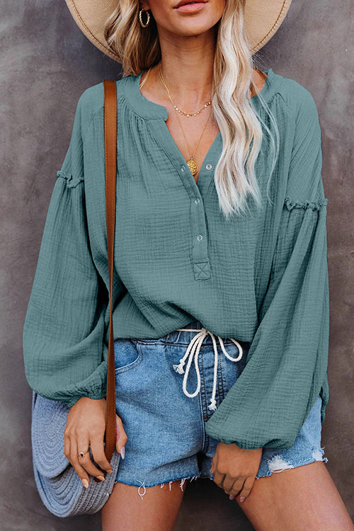 Button Neck Puff Sleeve Loose Blouse - Fashionpara
