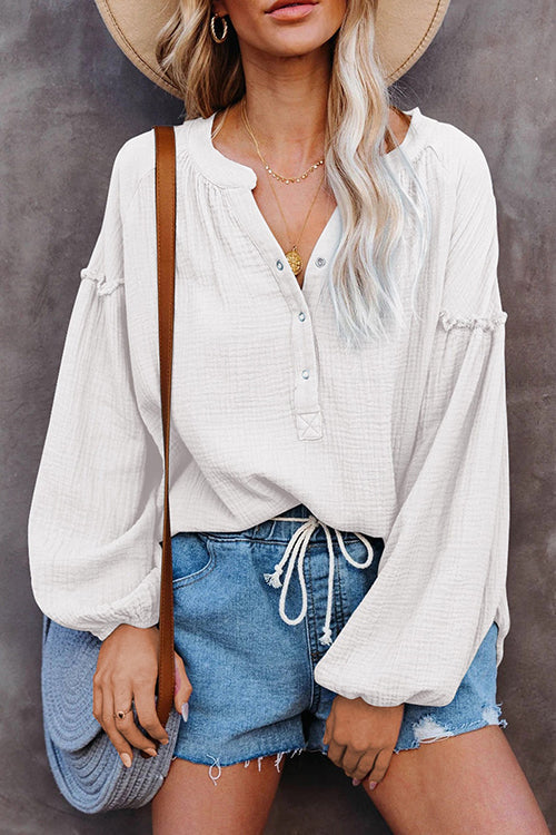 Button Neck Puff Sleeve Loose Blouse - Fashionpara