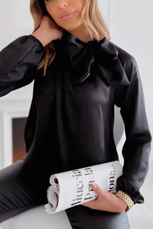 Tie Neck Long Sleeve Blouse - Fashionpara
