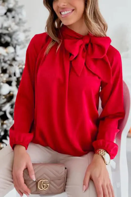 Tie Neck Long Sleeve Blouse - Fashionpara