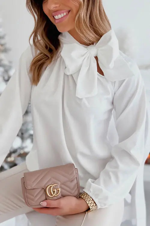 Tie Neck Long Sleeve Blouse - Fashionpara