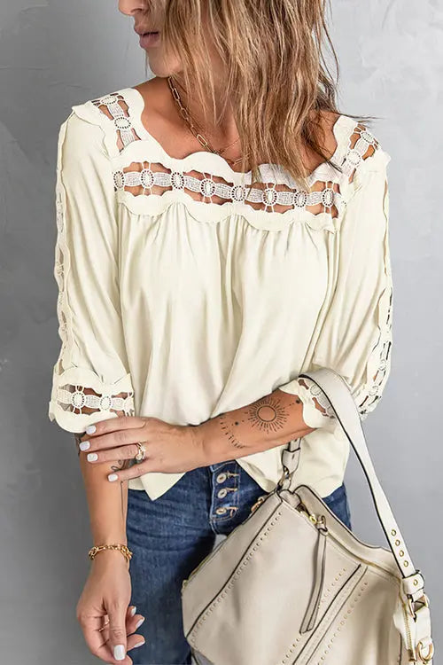 Crochet Trim Hollow Blouse - Fashionpara