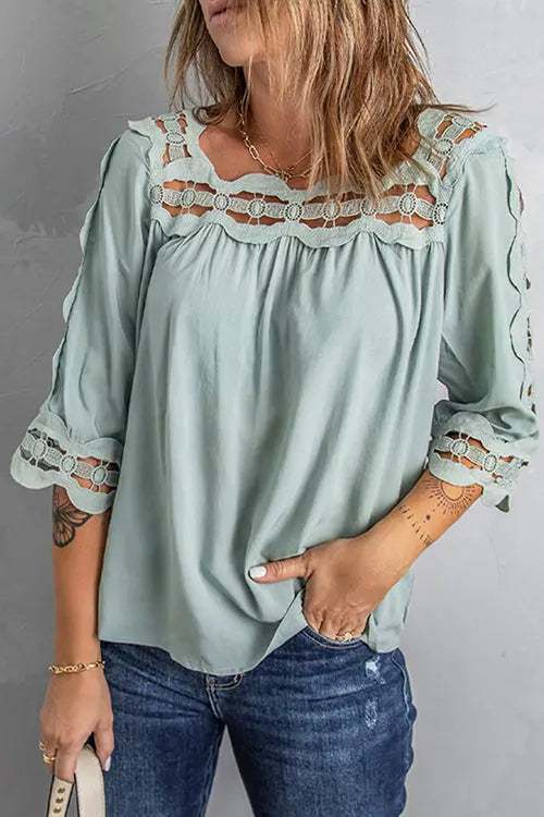 Crochet Trim Hollow Blouse - Fashionpara
