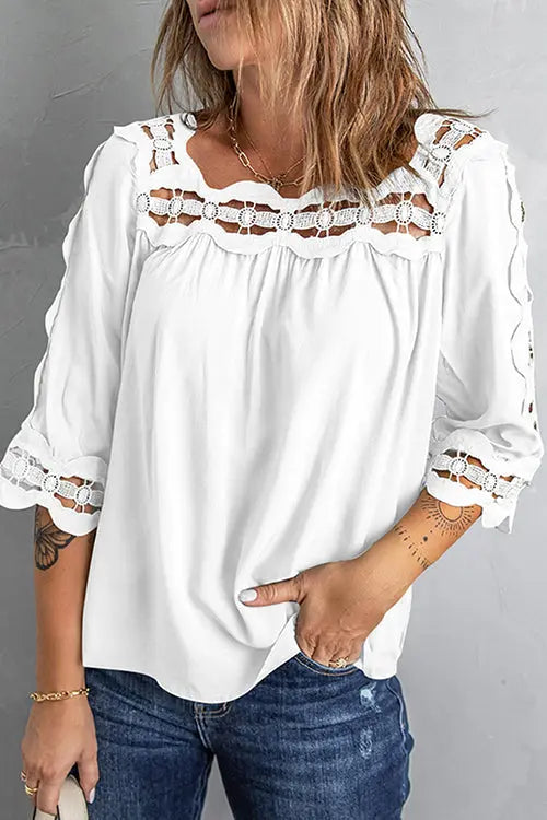 Crochet Trim Hollow Blouse - Fashionpara