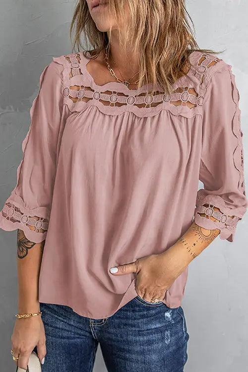 Crochet Trim Hollow Blouse - Fashionpara