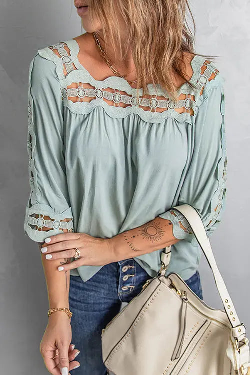 Crochet Trim Hollow Blouse - Fashionpara