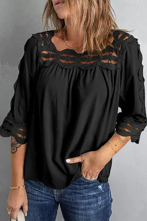 Crochet Trim Hollow Blouse - Fashionpara