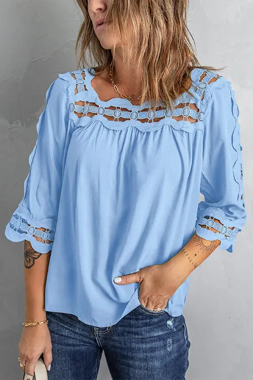 Crochet Trim Hollow Blouse - Fashionpara
