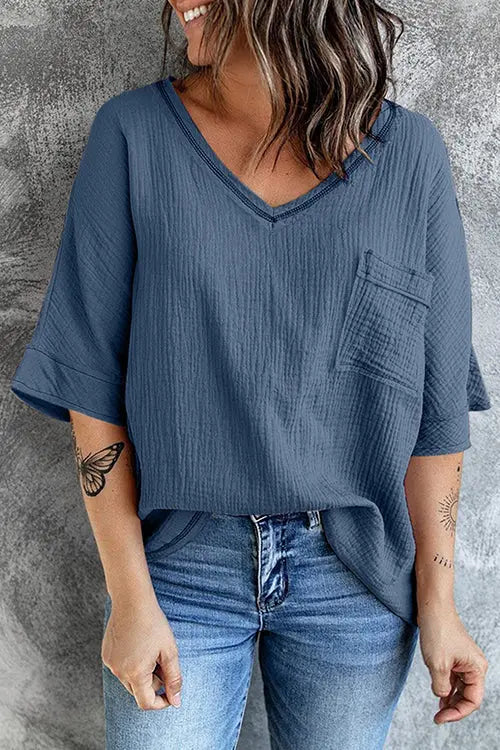 Pockets V Neck Blouse - Fashionpara