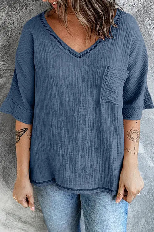 Pockets V Neck Blouse - Fashionpara