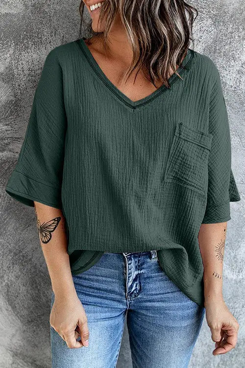Pockets V Neck Blouse - Fashionpara