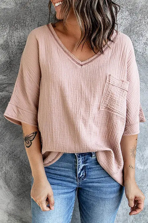 Pockets V Neck Blouse - Fashionpara