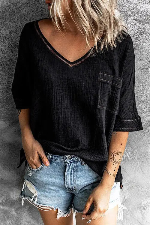 Pockets V Neck Blouse - Fashionpara